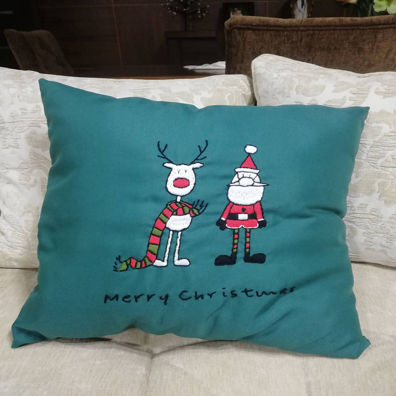Christmas Pillow Santa And Reindeer Green Embroidered